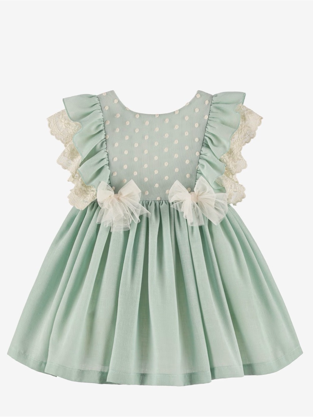 Mint Green Girls Dress with Lace and Bows. Size 6